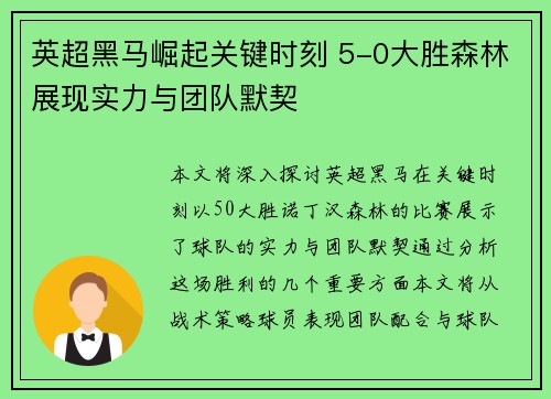 英超黑马崛起关键时刻 5-0大胜森林展现实力与团队默契