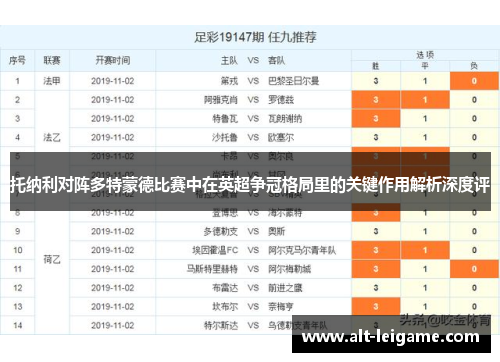 托纳利对阵多特蒙德比赛中在英超争冠格局里的关键作用解析深度评 托纳利对阵多特蒙德比赛中在英超争冠格局里的关键作用解析深度评